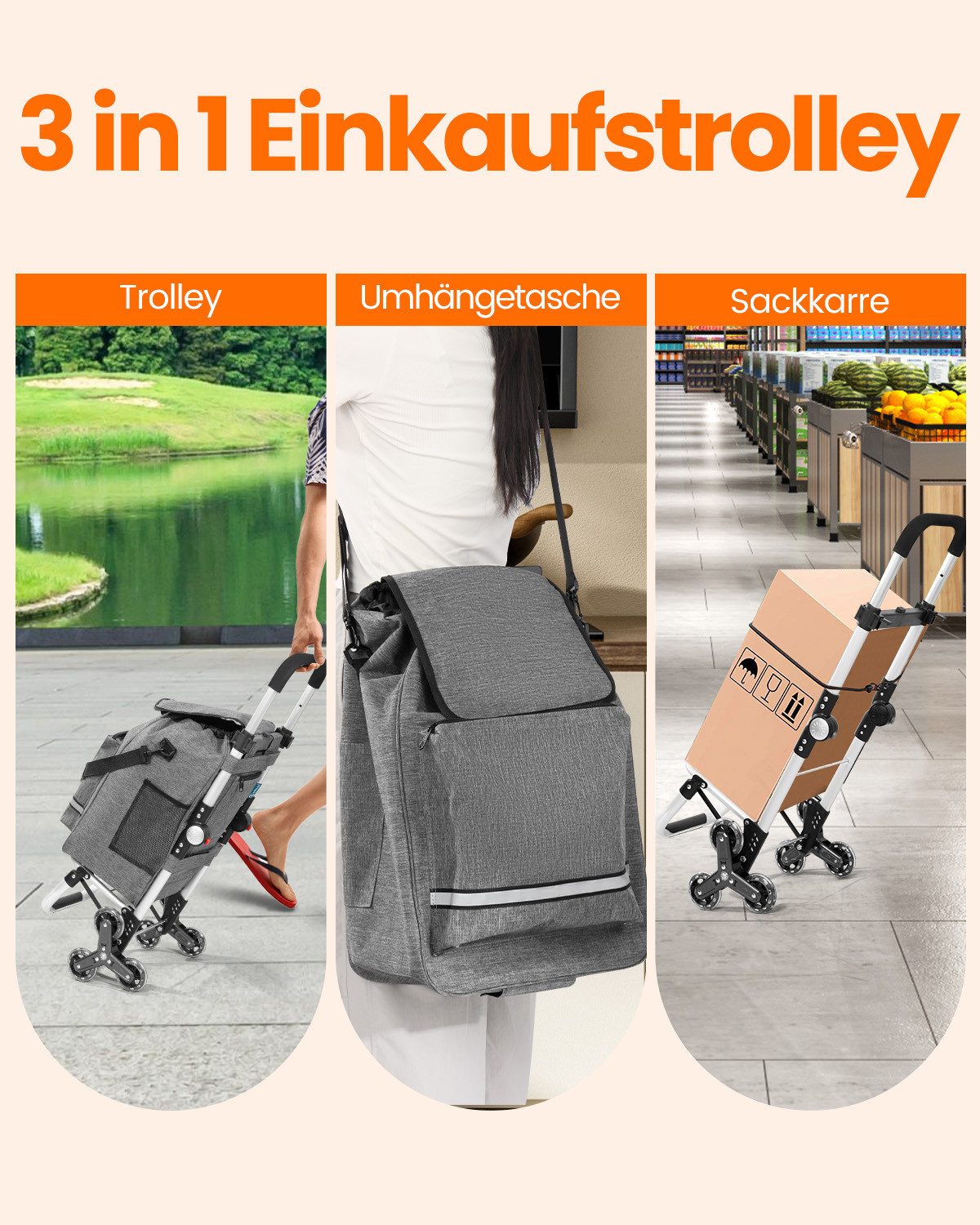 Einkaufstrolley klappbar mit Kühlfach 55 L – Shopping Trolley bis 50 kg belastbar, Treppensteiger
