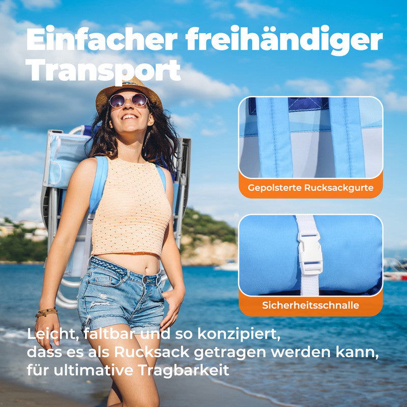 HOMECALL Strandstuhl klappbar leicht mit Kühlfach – Campingstuhl 5-fach verstellbar, Aluminiumrahmen bis 136 kg belastbar | geprüfte B-Ware