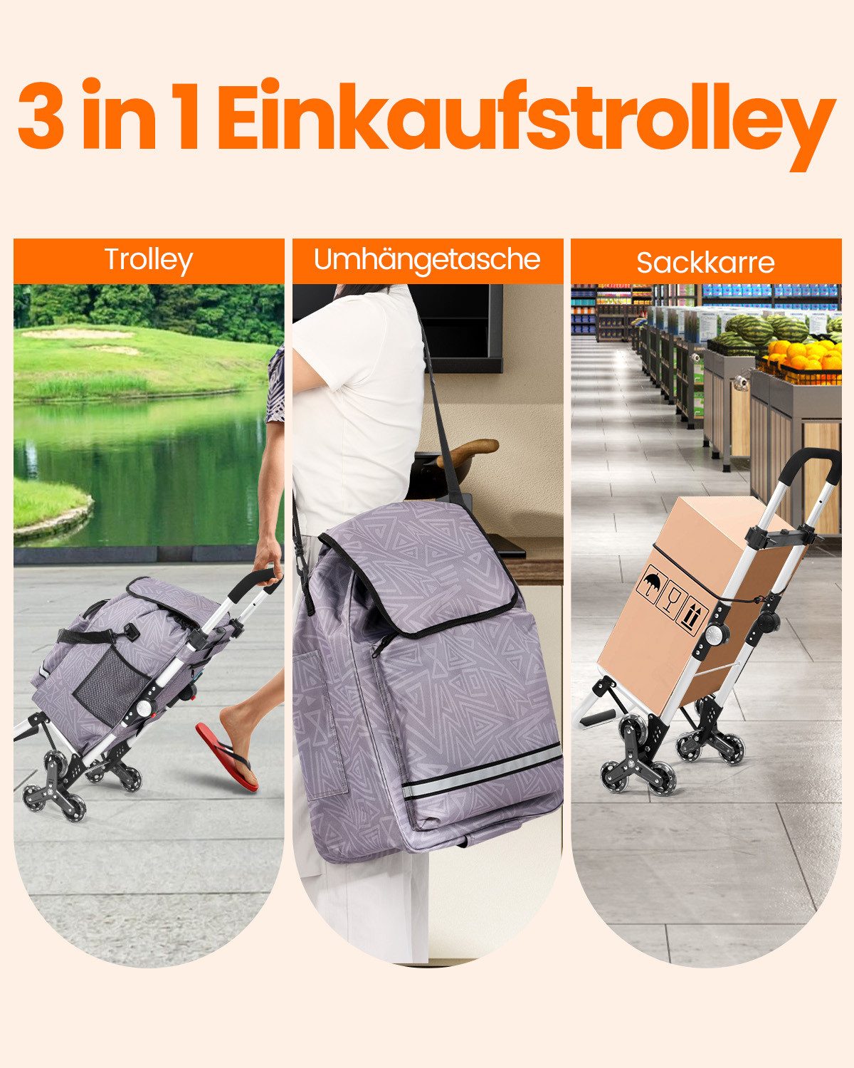 Einkaufstrolley klappbar mit Kühlfach 55 L – Shopping Trolley bis 50 kg belastbar, Treppensteiger