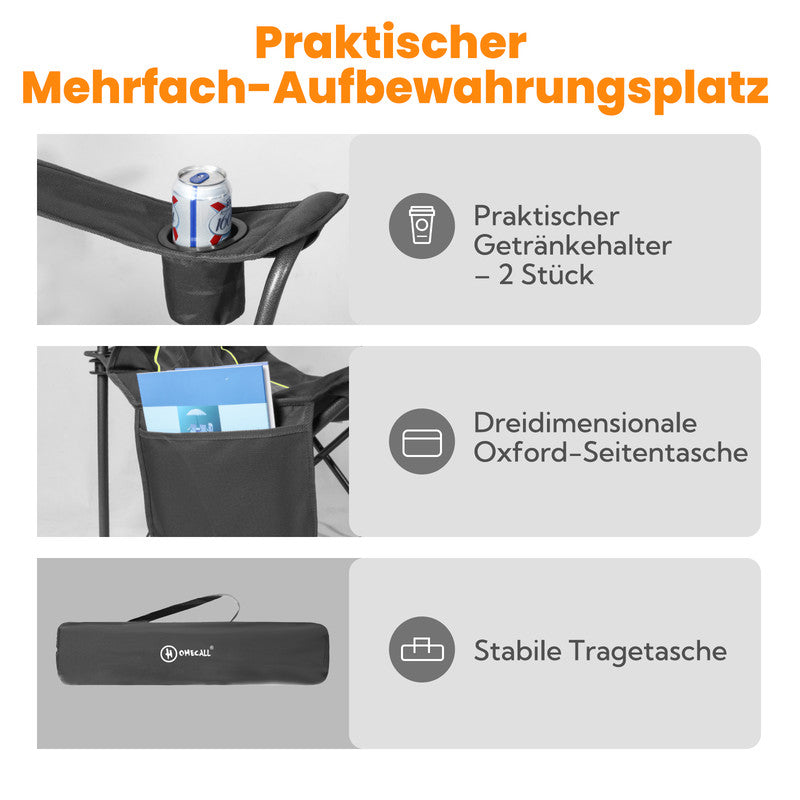 Campingstuhl XXL faltbar mit extra hoher Tragkraft – Robuster Outdoorstuhl mit Getränkehalter für Camping, Garten & Balkon