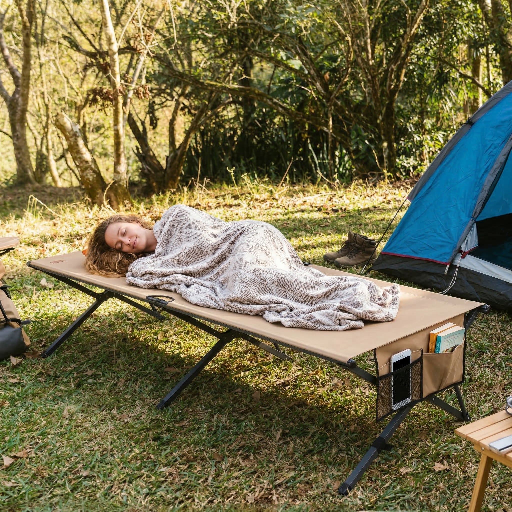 HOMECALL XXL Campingbett klappbar – stabiles Feldbett bis 200 kg, faltbares Outdoor- und Gästebett mit Tragetasche, sand