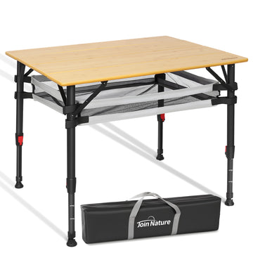 Campingtisch klappbar mit Bambus-Tischplatte – höhenverstellbarer Outdoor-Tisch mit verstellbaren Beinen und Aufbewahrungsnetz, 80 x 65 cm