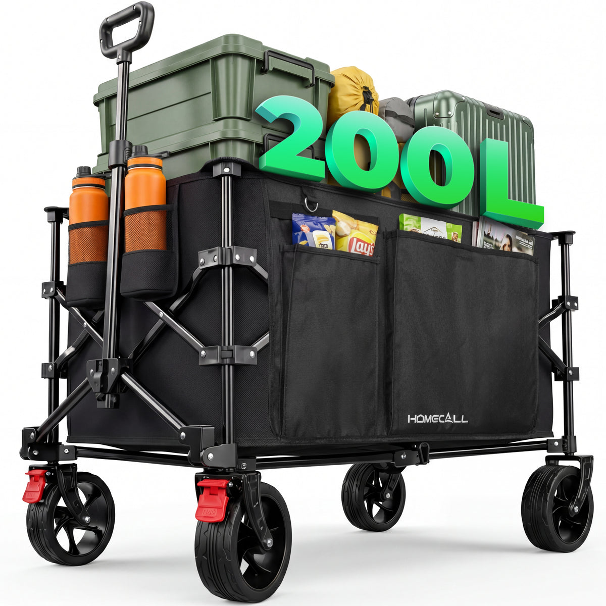 Faltbarer Bollerwagen Handwagen Strandwagen 200L XXL-Volumen mit praktischer Kühltasche, Schwarz
