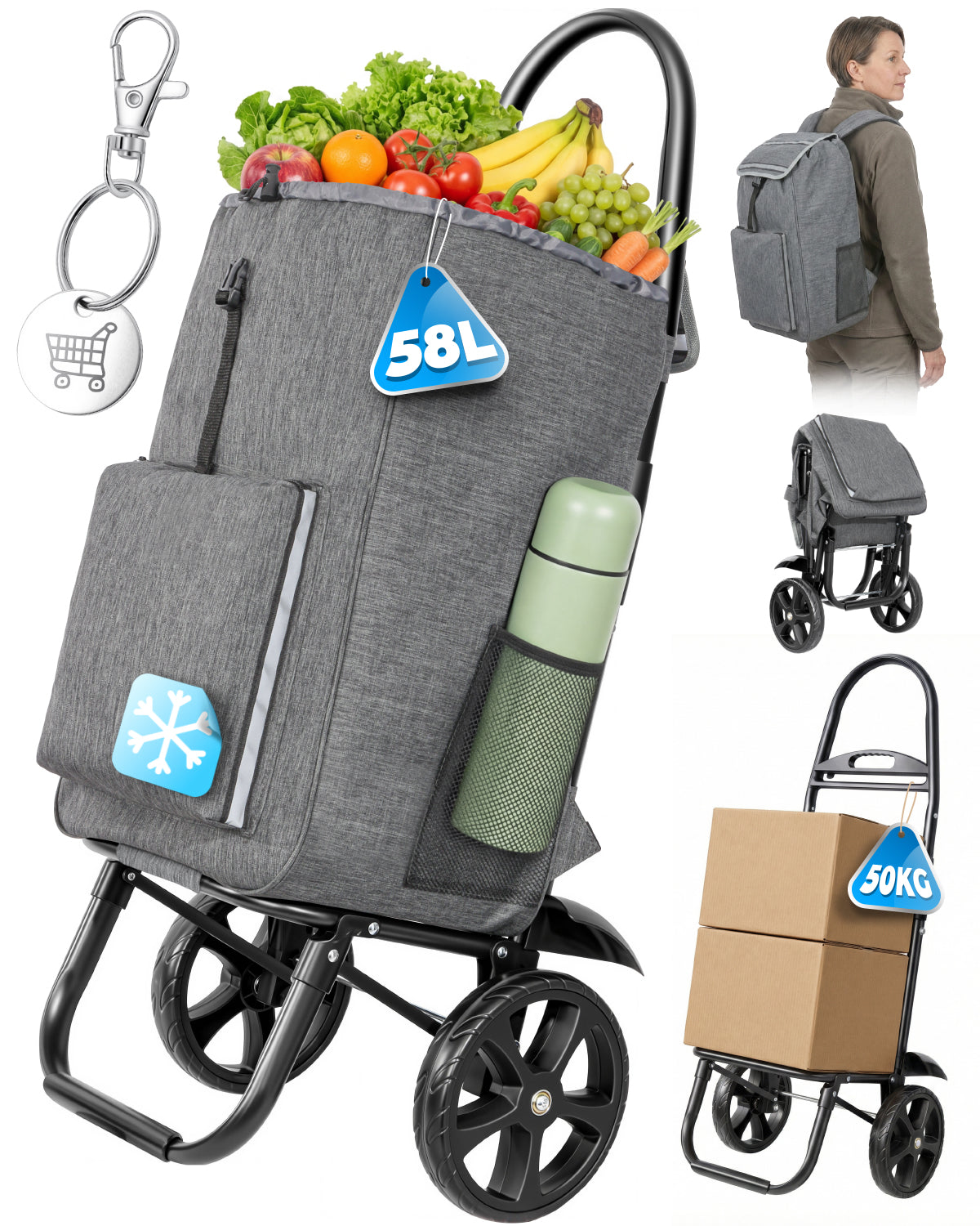 4-in-1 Einkaufswagen klappbar – Trolley, Rucksack und Transportwagen mit Kühlfach, faltbar bis 50 kg, Grau