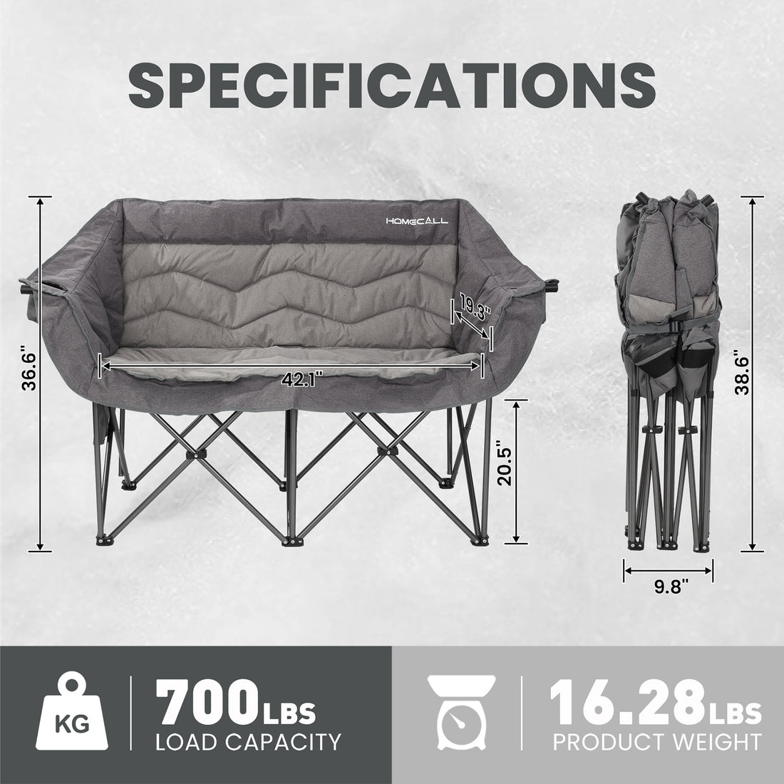 HOMECALL Campingstuhl 2 Personen faltbar – Doppel Campingsofa bis 360 kg, stabile Camping Couch mit Rückenlehne, Grau