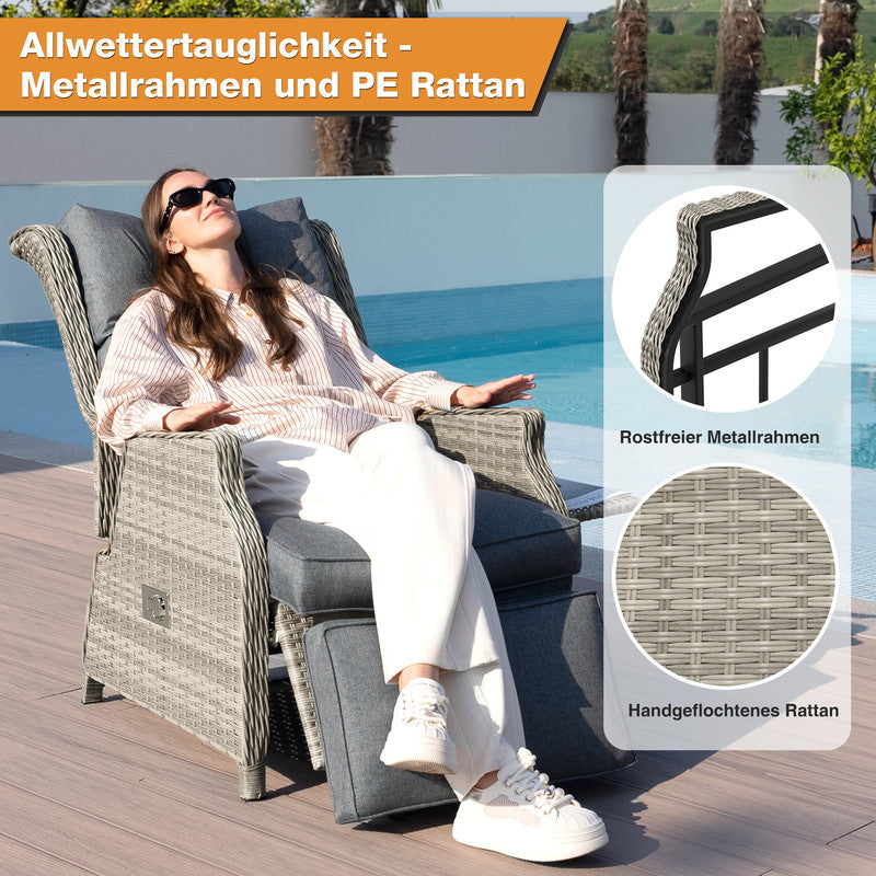 Rattansessel verstellbar mit Fußstütze und Tisch – wetterfester Garten-Relaxsessel bis 160 kg belastbar, Beige