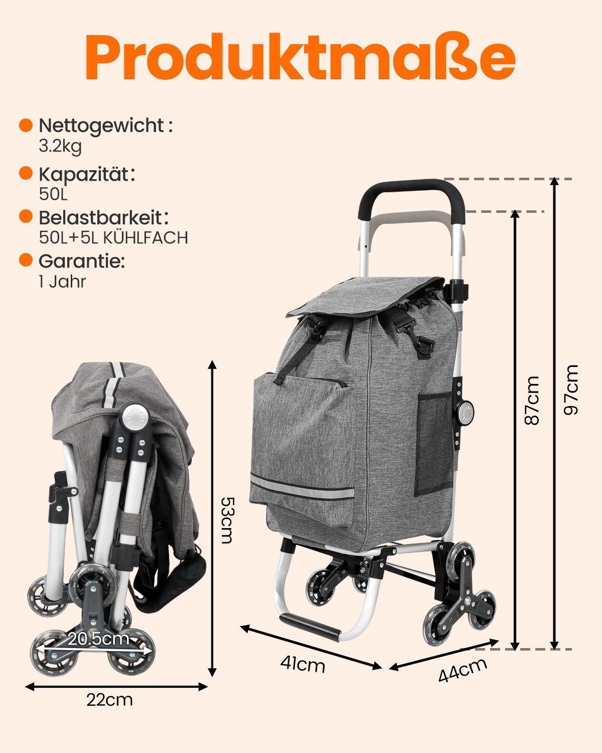 Einkaufstrolley klappbar mit Kühlfach 55 L – Shopping Trolley bis 50 kg belastbar, Treppensteiger