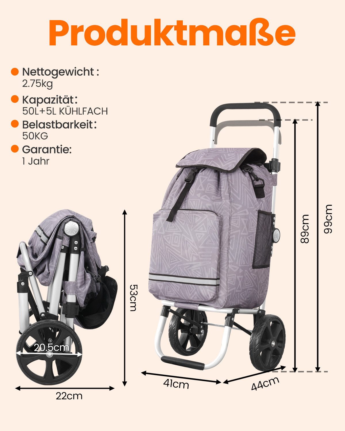 Einkaufstrolley klappbar mit Kühlfach 55 L – Shopping Trolley bis 50 kg belastbar
