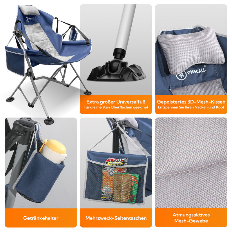 Camping Schaukelstuhl faltbar – Komfortabler Outdoor Hängesessel mit verstellbarer Rückenlehne für Garten & Camping blau-grau