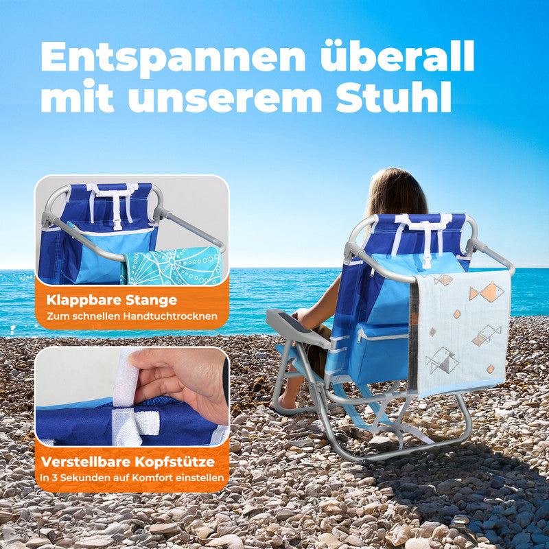 Strandstuhl klappbar  – Aluminium Campingstuhl mit Kühlfach, 5-fach verstellbarer Rückenlehne & Kopfkissen, bis 136 kg belastbar