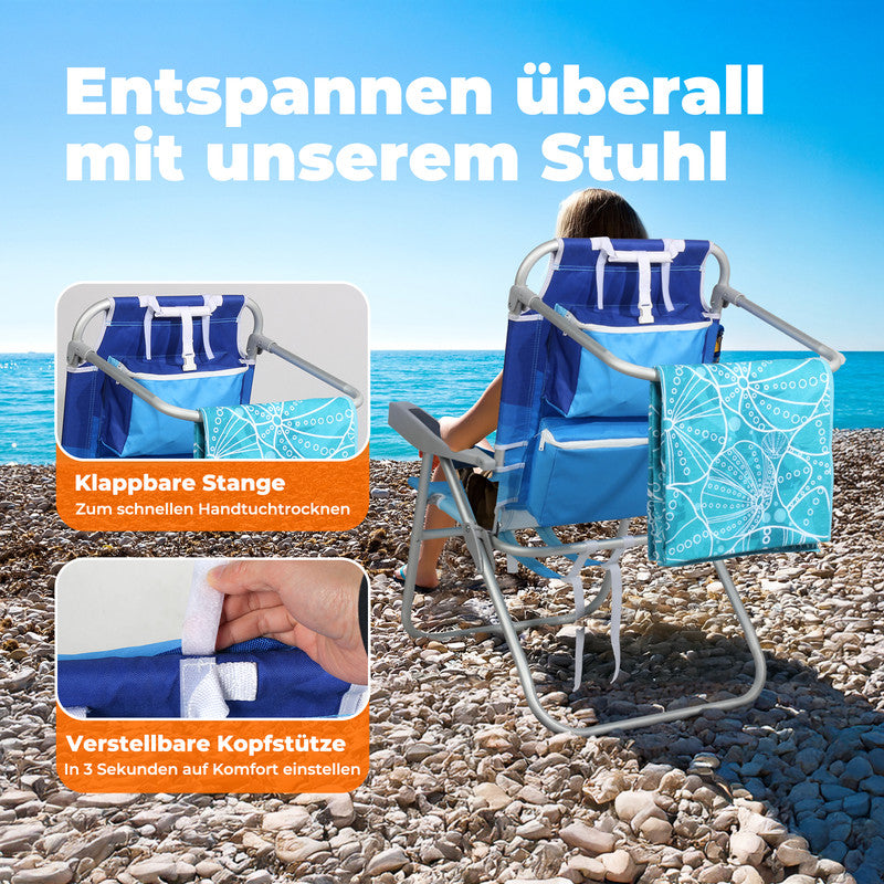 Strandstuhl klappbar  – Aluminium Campingstuhl mit Kühlfach, 5-fach verstellbarer Rückenlehne & Kopfkissen, bis 136 kg belastbar