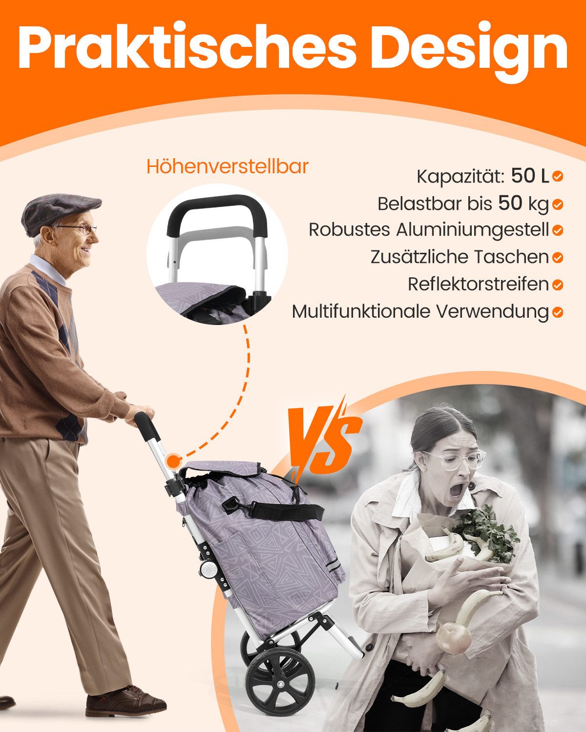 Einkaufstrolley klappbar mit Kühlfach 55 L – Shopping Trolley bis 50 kg belastbar