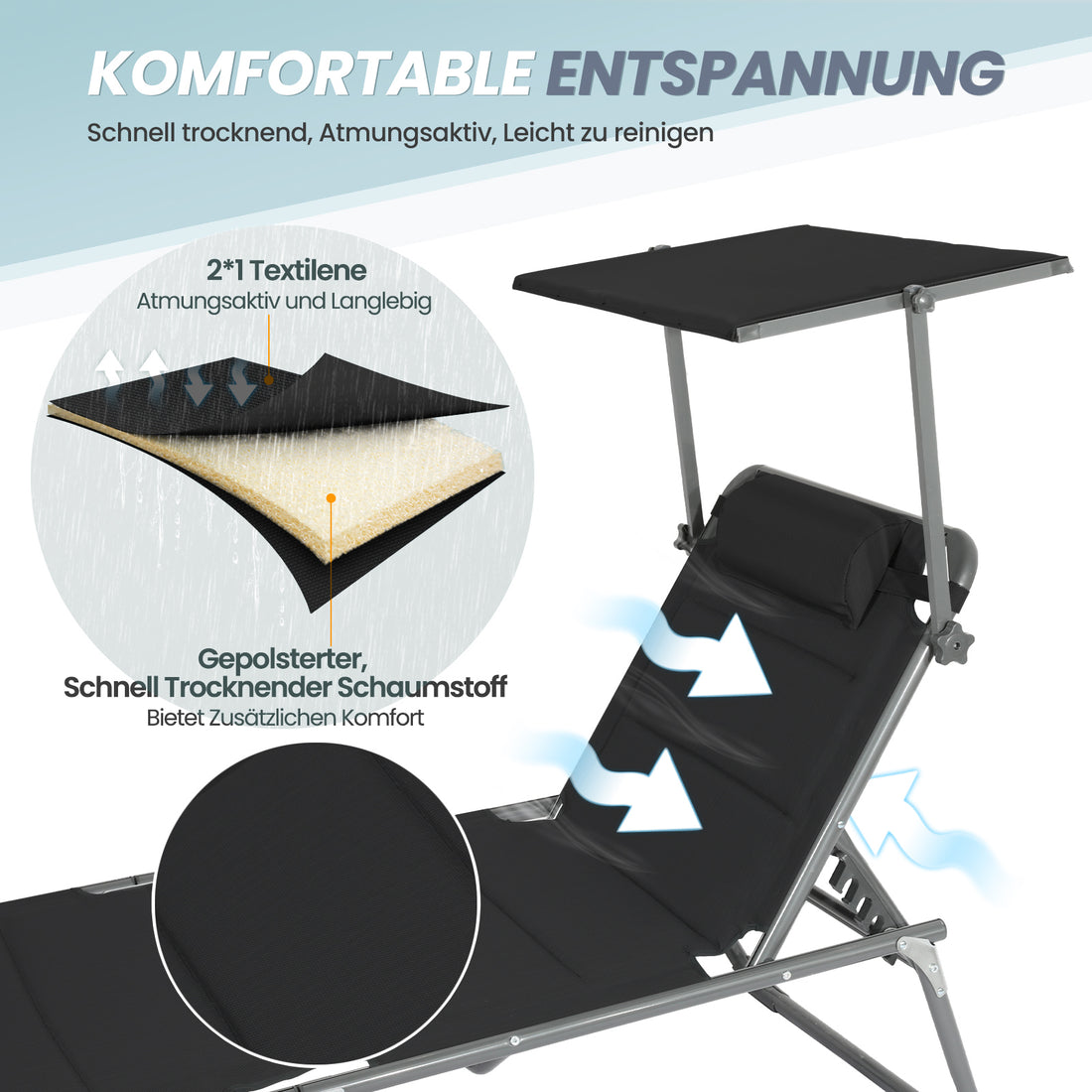 HOMECALL Sonnenliege XXL klappbar schwarz – 5-fach verstellbar mit Sonnenschutz, gepolstert bis 180 kg | B-Ware Sonderposten