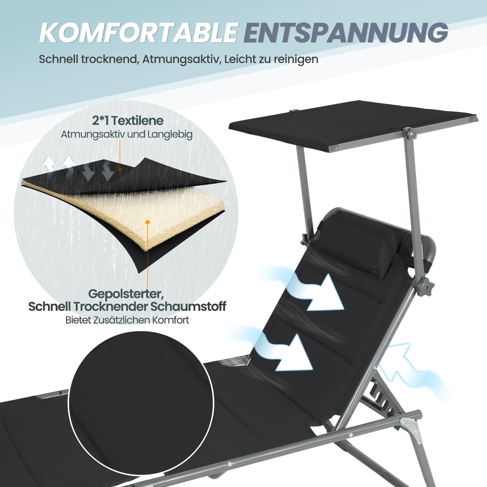 Sonnenliege klappbar – Gartenliege aus Aluminium mit 5-fach verstellbarer Rückenlehne, Sonnenschutz und Kopfstütze, bis 180 kg belastbar - schwarz