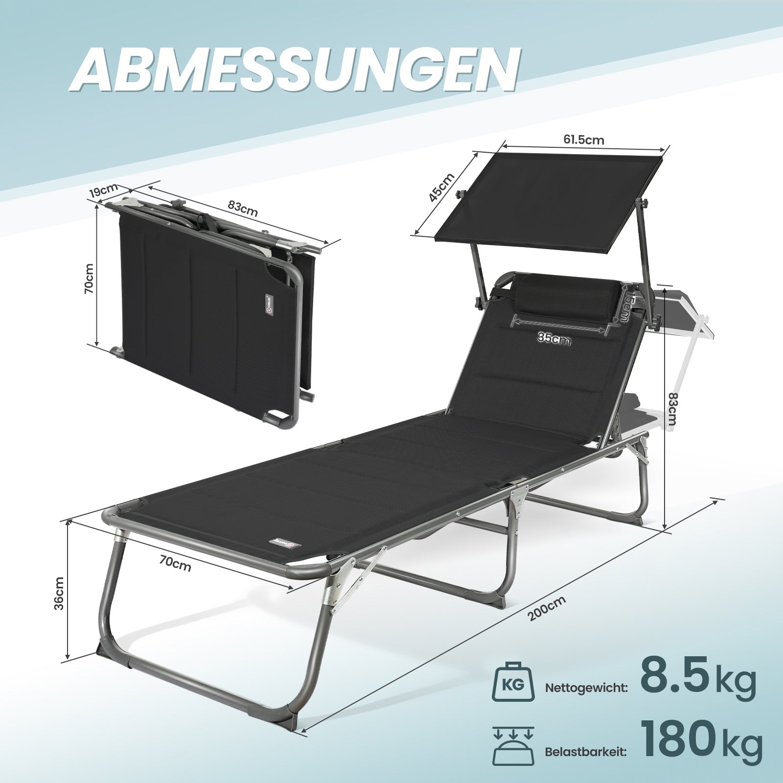 Sonnenliege klappbar – Gartenliege aus Aluminium mit 5-fach verstellbarer Rückenlehne, Sonnenschutz und Kopfstütze, bis 180 kg belastbar - schwarz