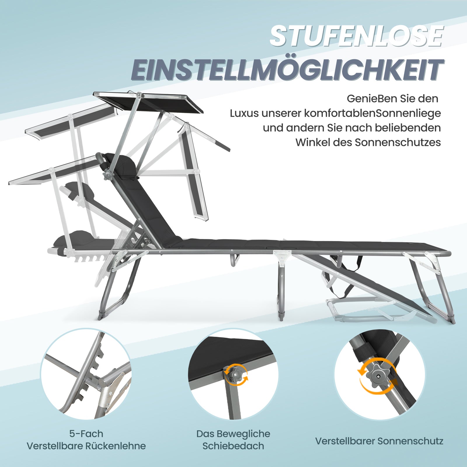Sonnenliege klappbar – Gartenliege aus Aluminium mit 5-fach verstellbarer Rückenlehne, Sonnenschutz und Kopfstütze, bis 180 kg belastbar - schwarz