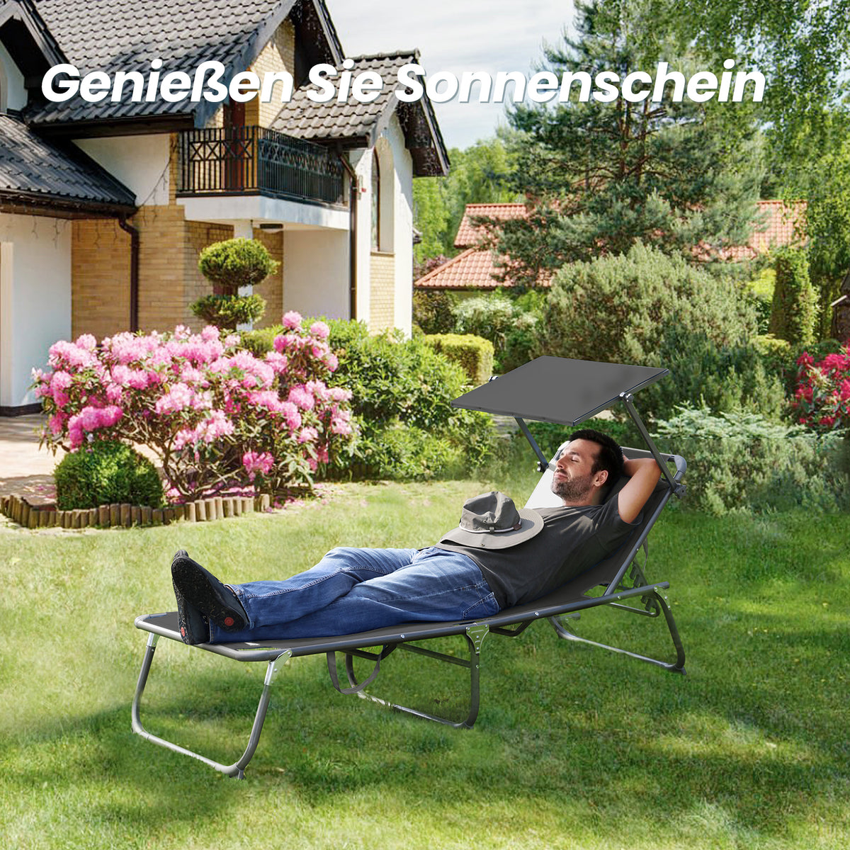 Sonnenliege klappbar – Gartenliege aus Aluminium mit 5-fach verstellbarer Rückenlehne, Sonnenschutz und Kopfstütze, bis 180 kg belastbar - schwarz