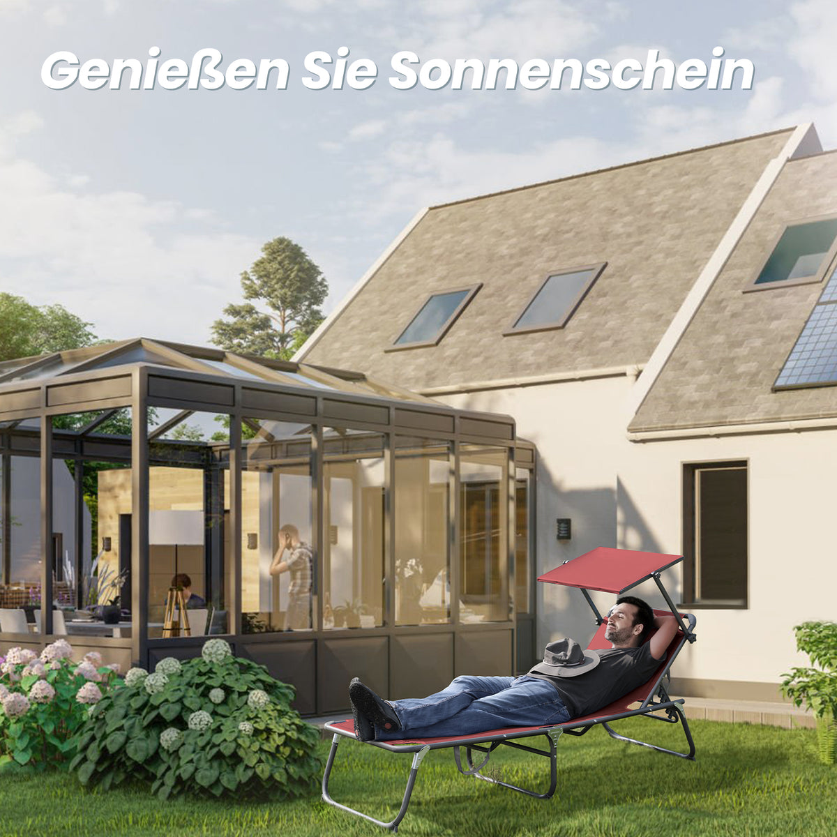 HOMECALL Sonnenliege XXL klappbar – 5-fach verstellbar mit Sonnenschutz rot, gepolstert bis 180 kg belstbar | B-Ware Sonderposten