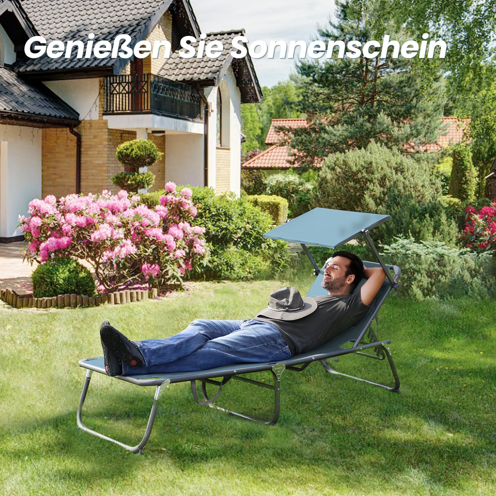 Sonnenliege klappbar – Gartenliege aus Aluminium mit 5-fach verstellbarer Rückenlehne, Sonnenschutz und Kopfstütze, bis 180 kg belastbar - blau