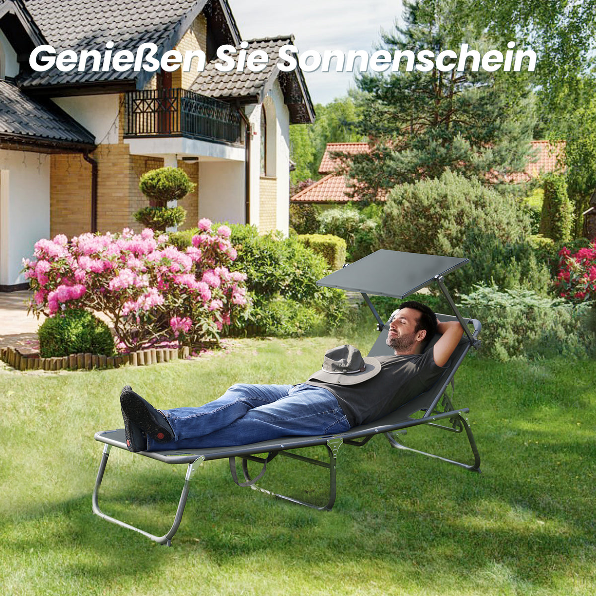HOMECALL Sonnenliege XXL klappbar – 5-fach verstellbar mit Sonnenschutz anthrazit, gepolstert bis 180 kg | B-Ware Sonderposten