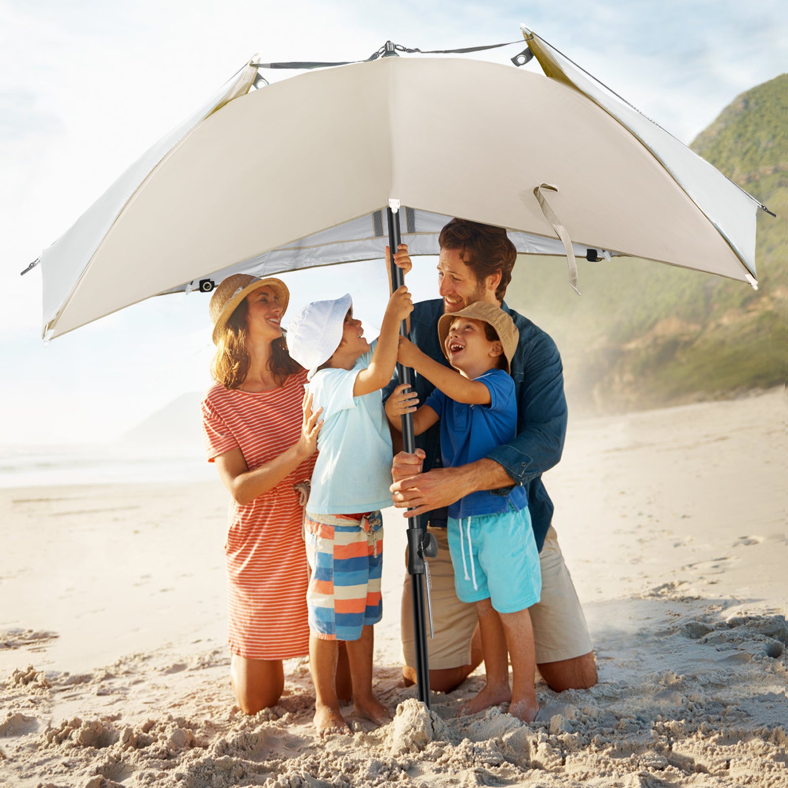 HOMECALL Strandmuschel mit SchirHOMECALL Strandmuschel mit Schirmsystem khaki – 3in1 Sonnenschirm & Windschutz  klappbar | B-Ware Sonderposten