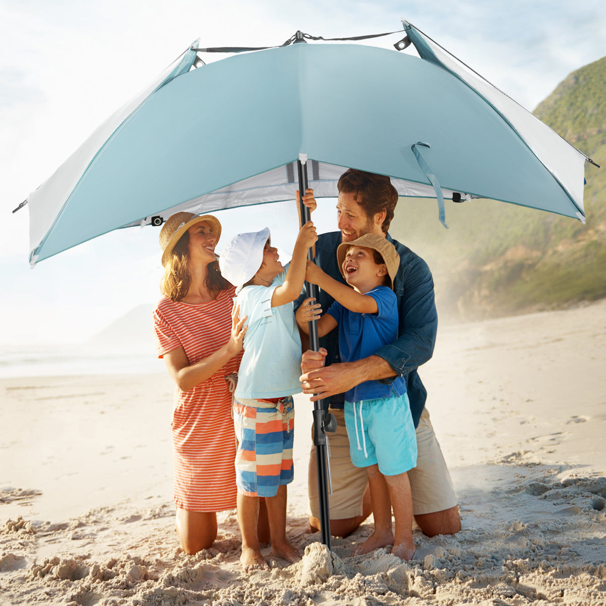 HOMECALL Strandmuschel mit Schirmsystem Blau – 3in1 Sonnenschirm & Windschutz klappbar | B-Ware Sonderposten