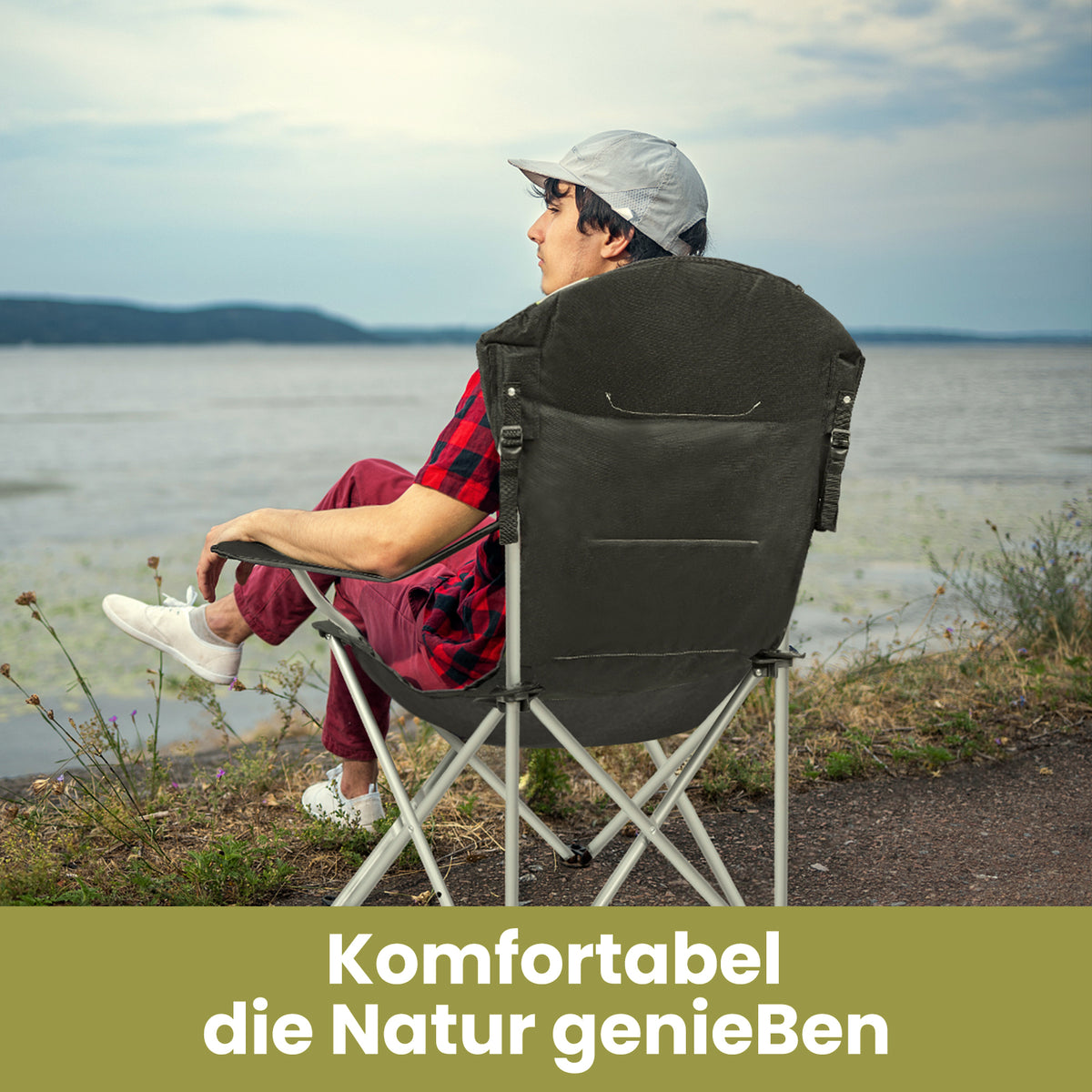 Campingstuhl klappbar – Gepolsterter Angelstuhl mit 3-fach verstellbarer Rückenlehne, Getränkehalter und Tragetasche, bis 150 kg belastbar