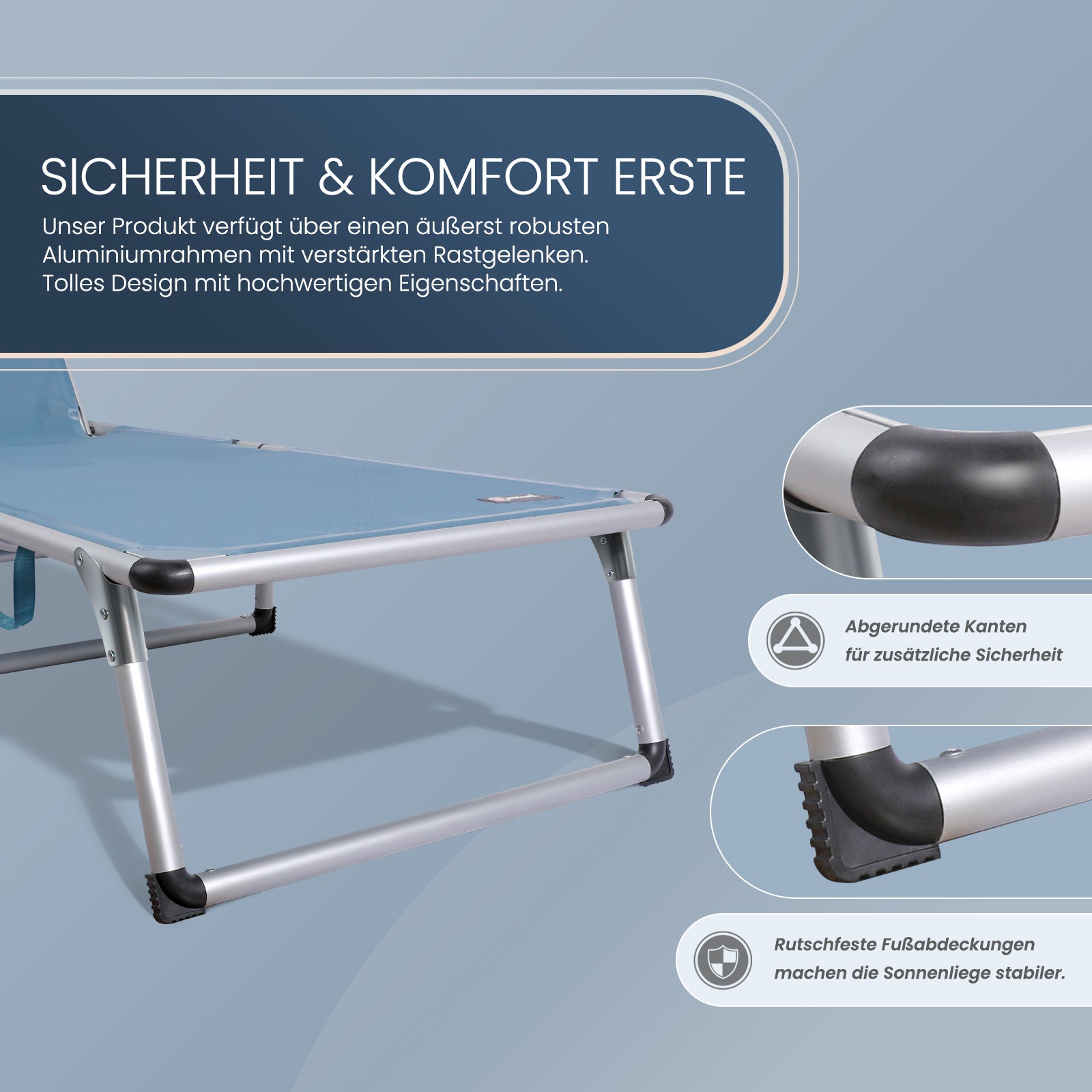 Sonnenliege klappbar – Leichte Gartenliege aus Aluminium mit 5-fach verstellbarer Rückenlehne, Strand- und Campingliege - blau