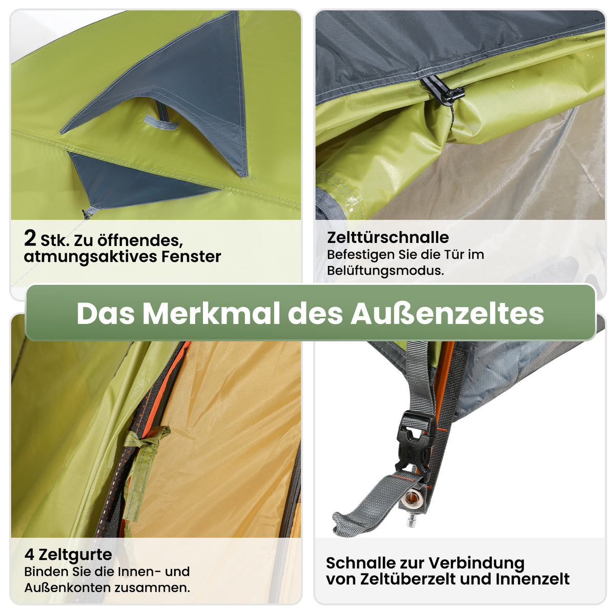 Campingzelt Kuppelzelt – Doppellagiges Familienzelt für 2–4 Personen, leicht & wasserdicht - grün