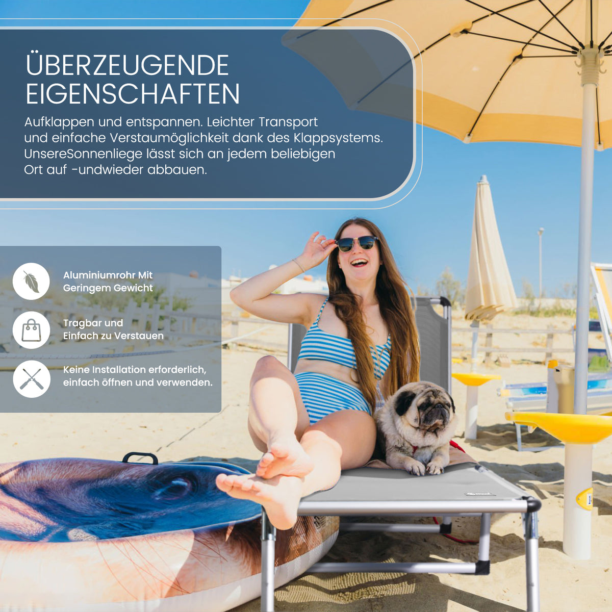 HOMECALL Sonnenliege klappbar grau – leichte Aluminium Gartenliege mit 5-fach verstellbarer Rückenlehne | B-Ware Sonderposten