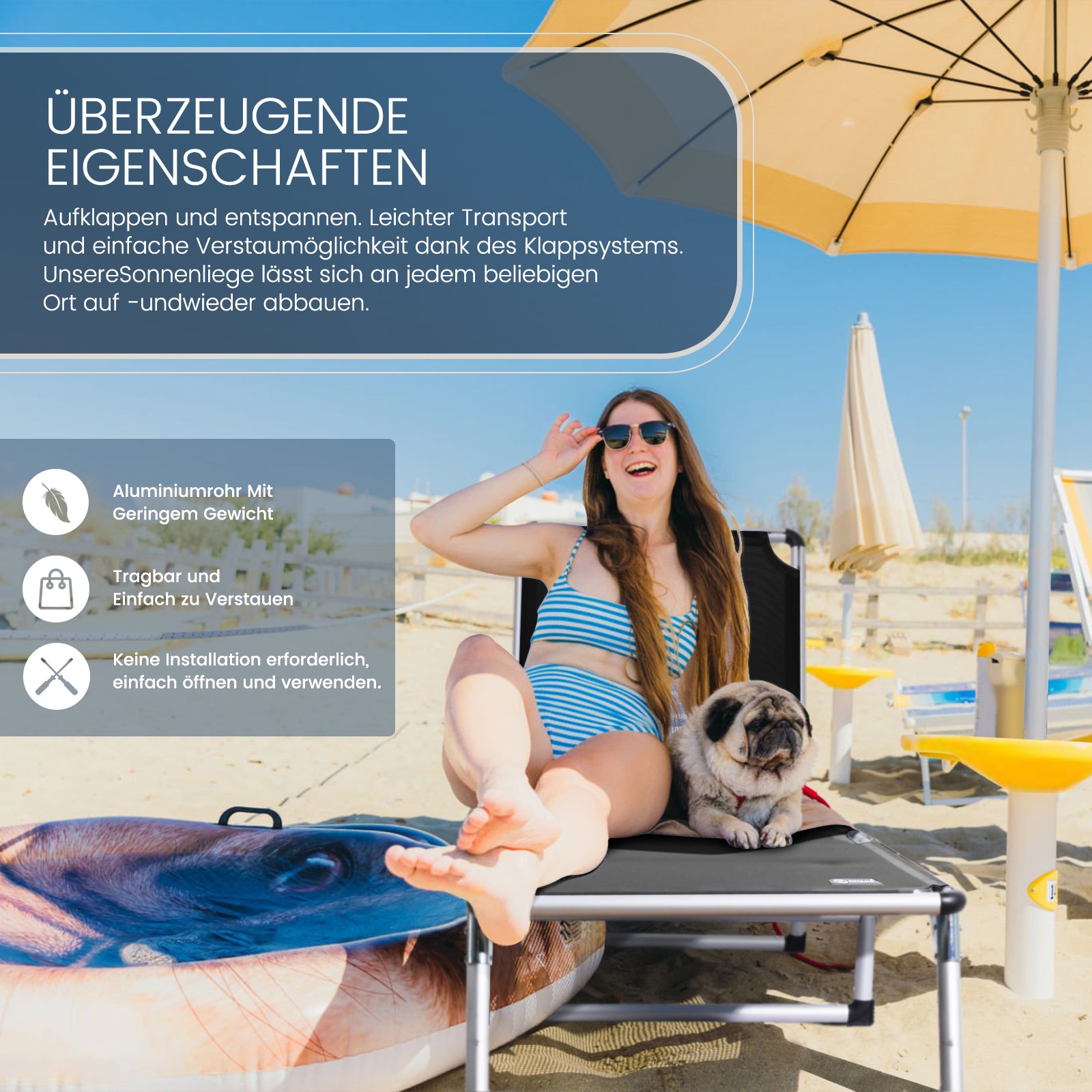 HOMECALL Sonnenliege klappbar Schwarz – leichte Aluminium Gartenliege mit 5-fach verstellbarer Rückenlehne schwarz | B-Ware Sonderposten