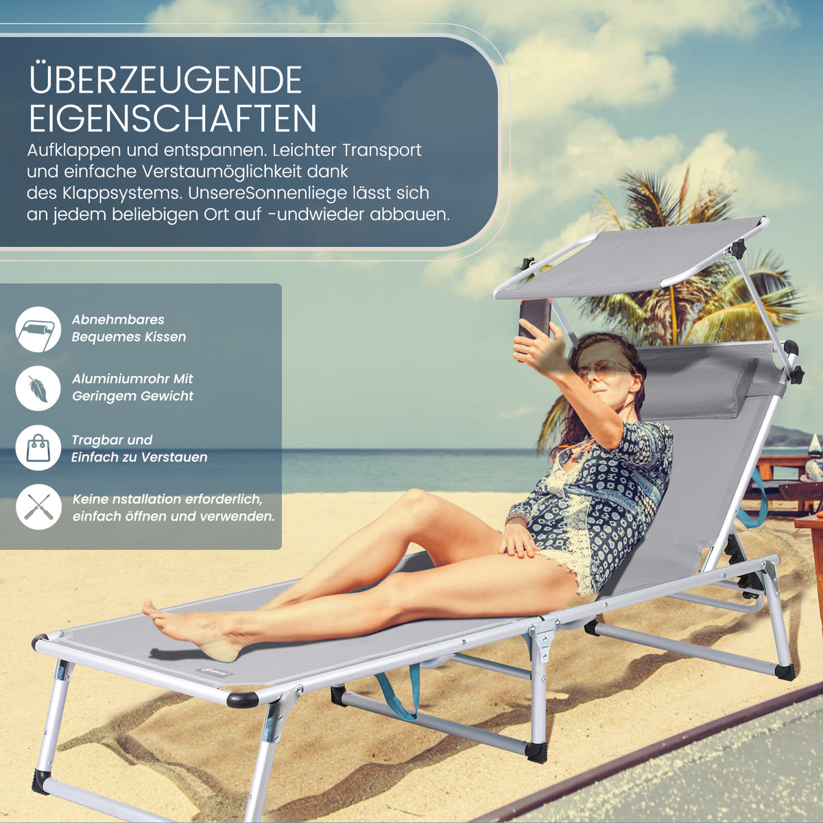HOMECALL Sonnenliege klappbar Grau – leichte Aluminium Gartenliege mit Sonnenschutz & 5-fach verstellbar grau | B-Ware Sonderposten