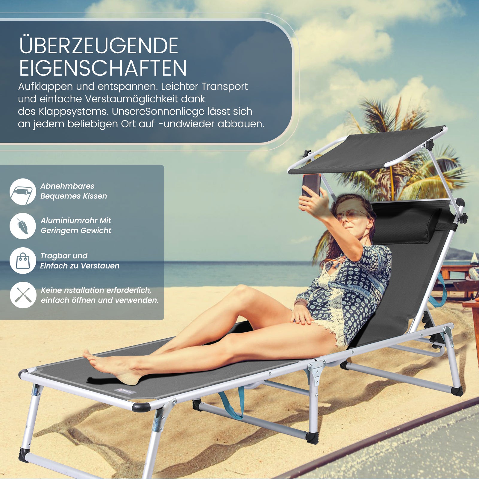 HOMECALL Sonnenliege klappbar – Aluminium Gartenliege mit Textilene & Sonnenschutz, 5-fach verstellbar | B-Ware Sonderposten