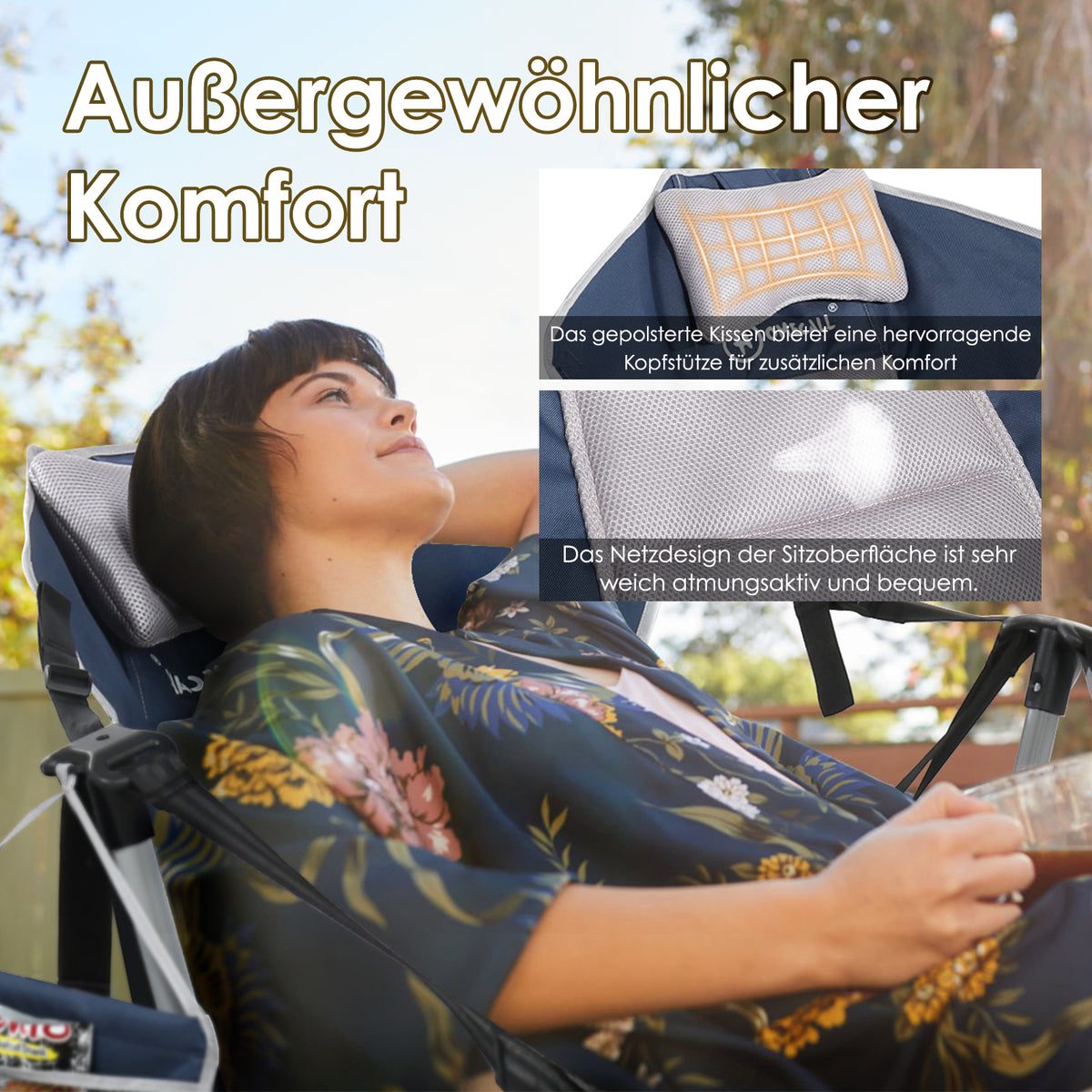 Camping Schaukelstuhl faltbar – Komfortabler Outdoor Hängesessel mit verstellbarer Rückenlehne für Garten & Camping blau-grau