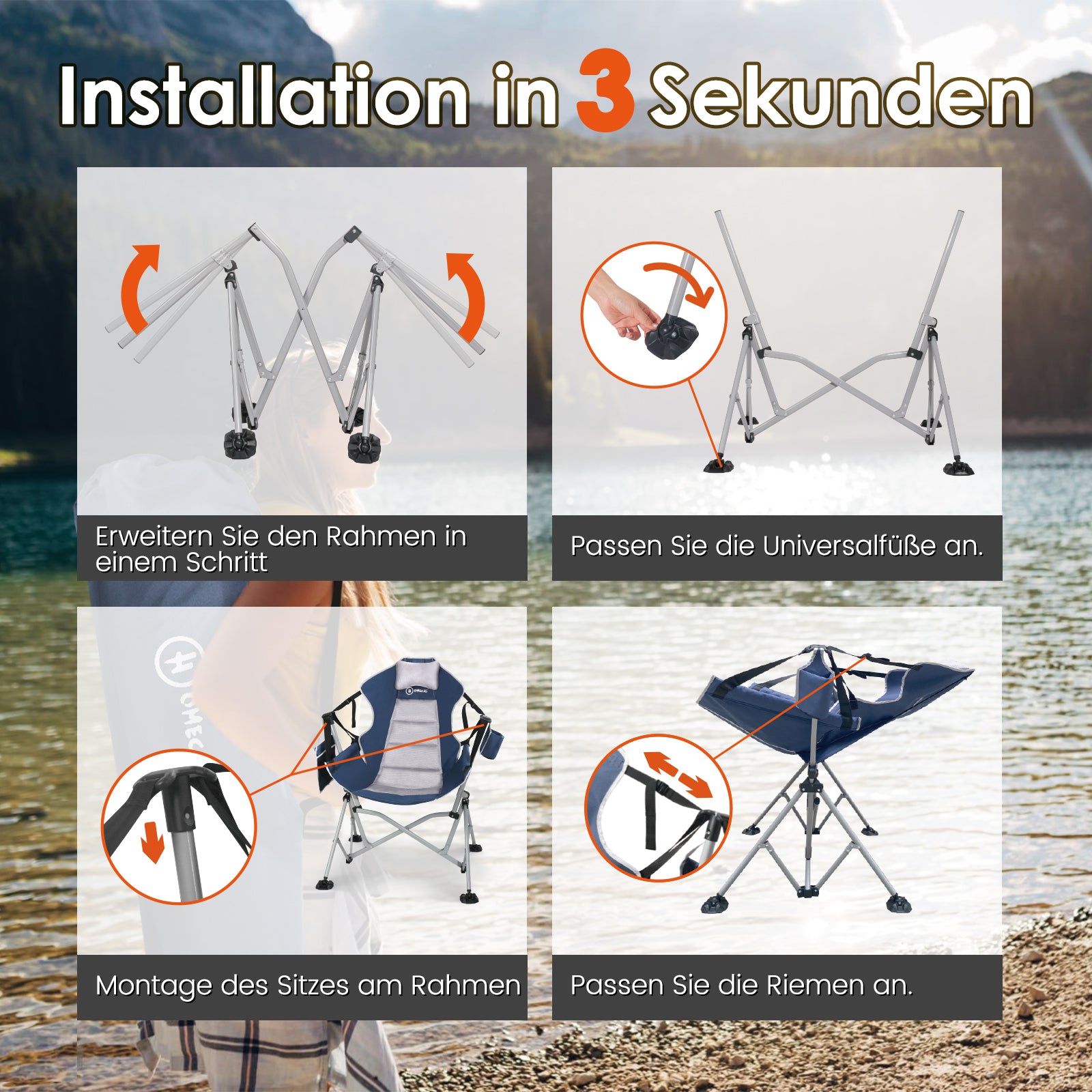 Camping Schaukelstuhl faltbar – Komfortabler Outdoor Hängesessel mit verstellbarer Rückenlehne für Garten & Camping blau-grau