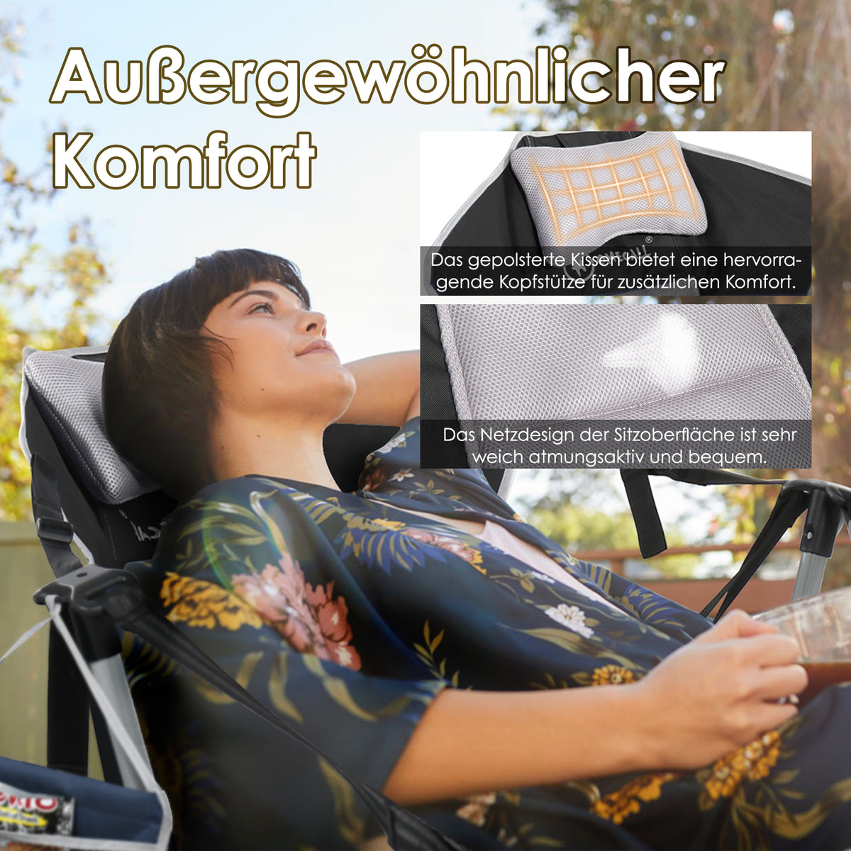 Camping Schaukelstuhl faltbar – Komfortabler Outdoor Hängesessel mit verstellbarer Rückenlehne für Garten & Camping schwarz-grau