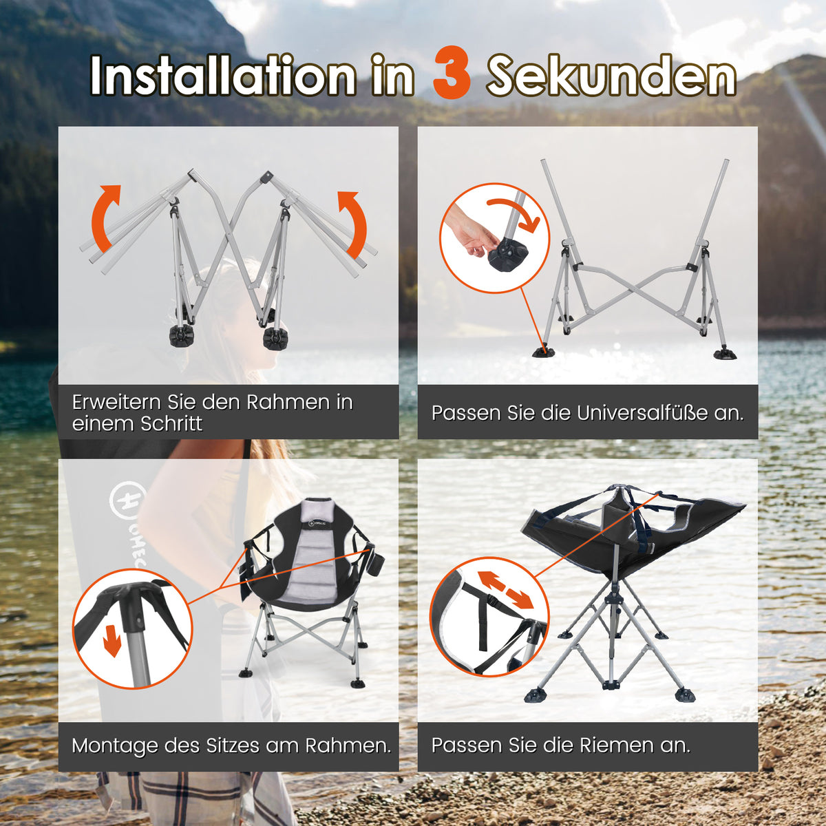 Camping Schaukelstuhl faltbar – Komfortabler Outdoor Hängesessel mit verstellbarer Rückenlehne für Garten & Camping schwarz-grau