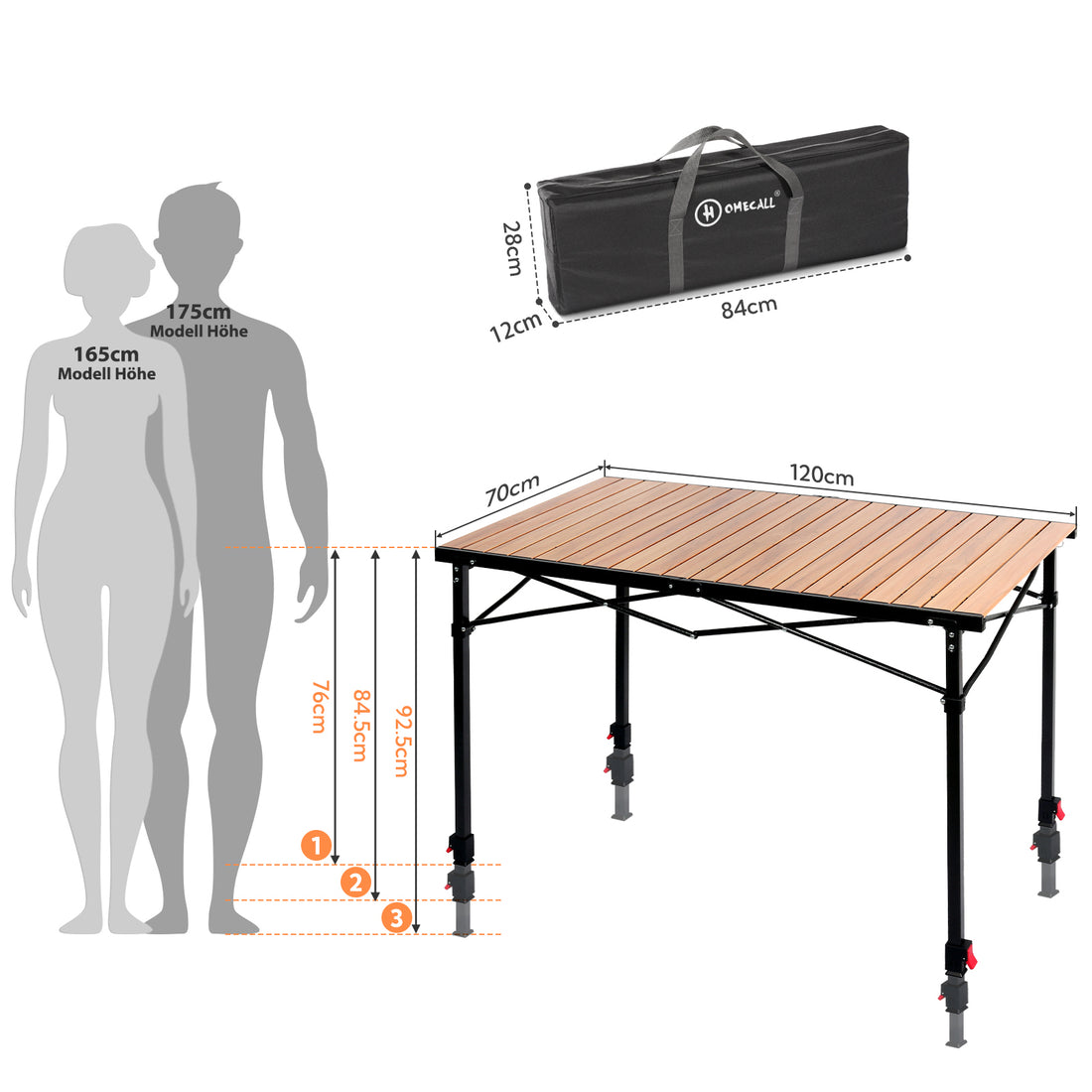 Höhenverstellbarer Campingtisch klappbar – Aluminium Gartentisch  120 × 70 cm mit Tragetasche