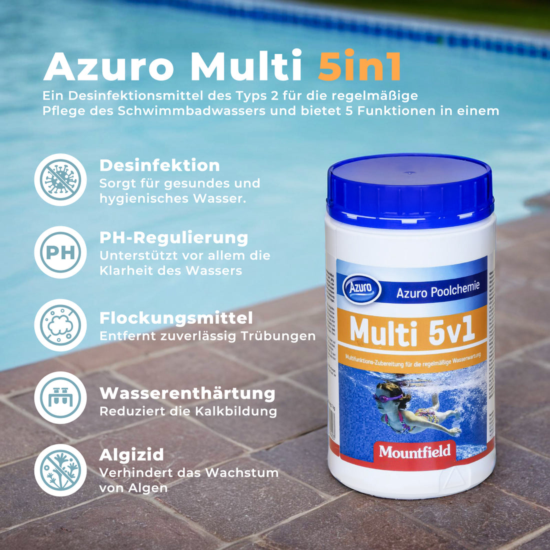 AZURO Chlortabletten 5-in-1 Multitabs – Langzeit Chlor Tabletten für Pool & Whirlpool, Desinfektion, Algenstopp & Klarwasser 1 kg - SONDERPOSTEN