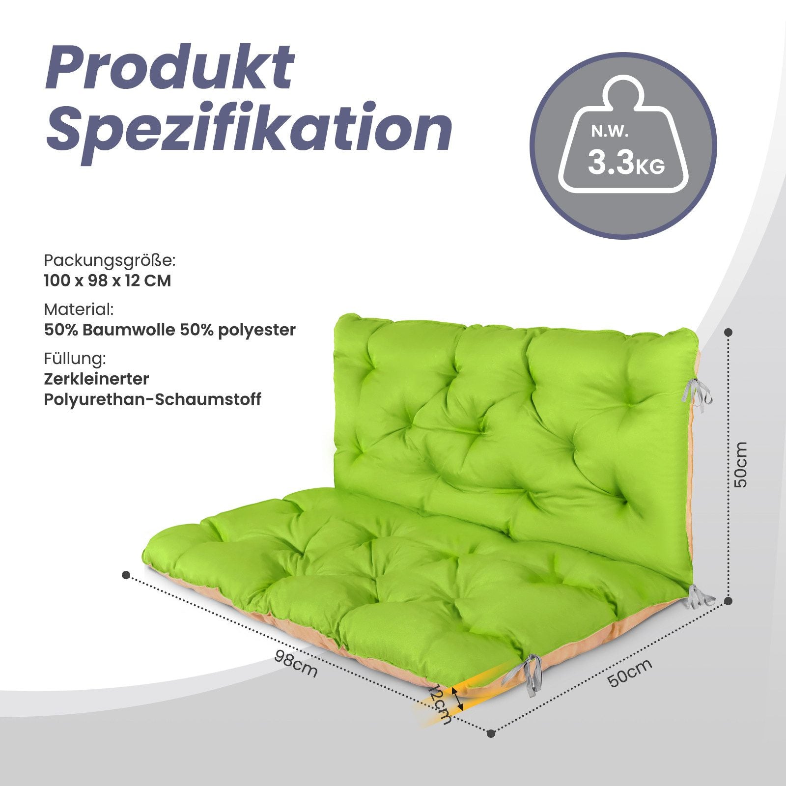 Dekokissen Bankauflage Sitzbankauflage Sitzkissen mit Rückenlehne Wendeauflage ca. 100 x 98 x 12cm