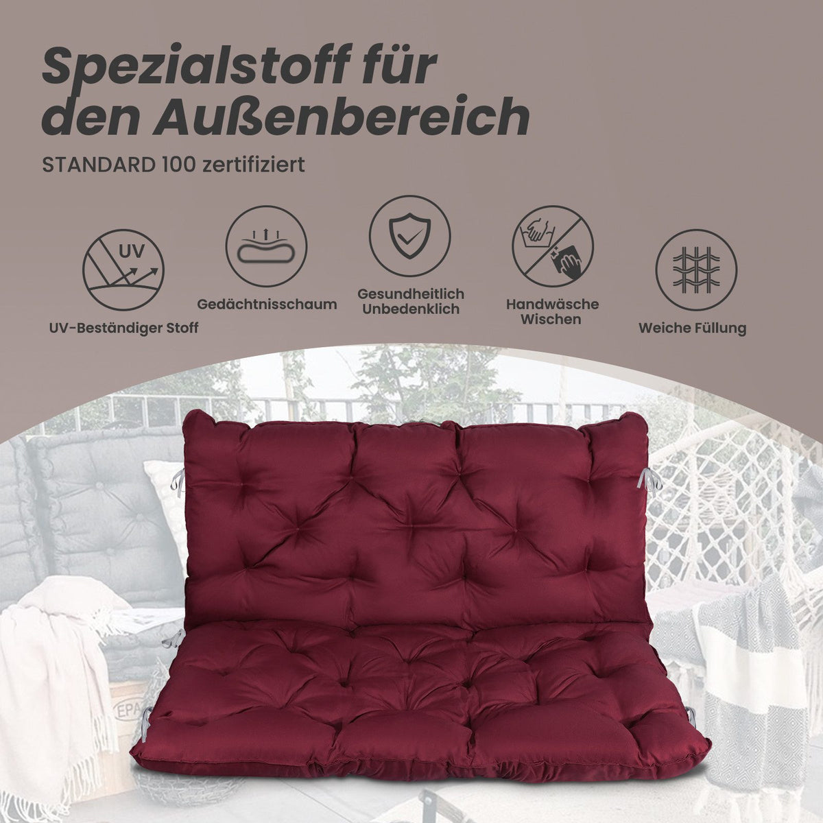 Dekokissen Palettenkissen Sitzauflage Sitzkissen mit Rückenlehne ca. 120 x 140 x 12cm, Rot