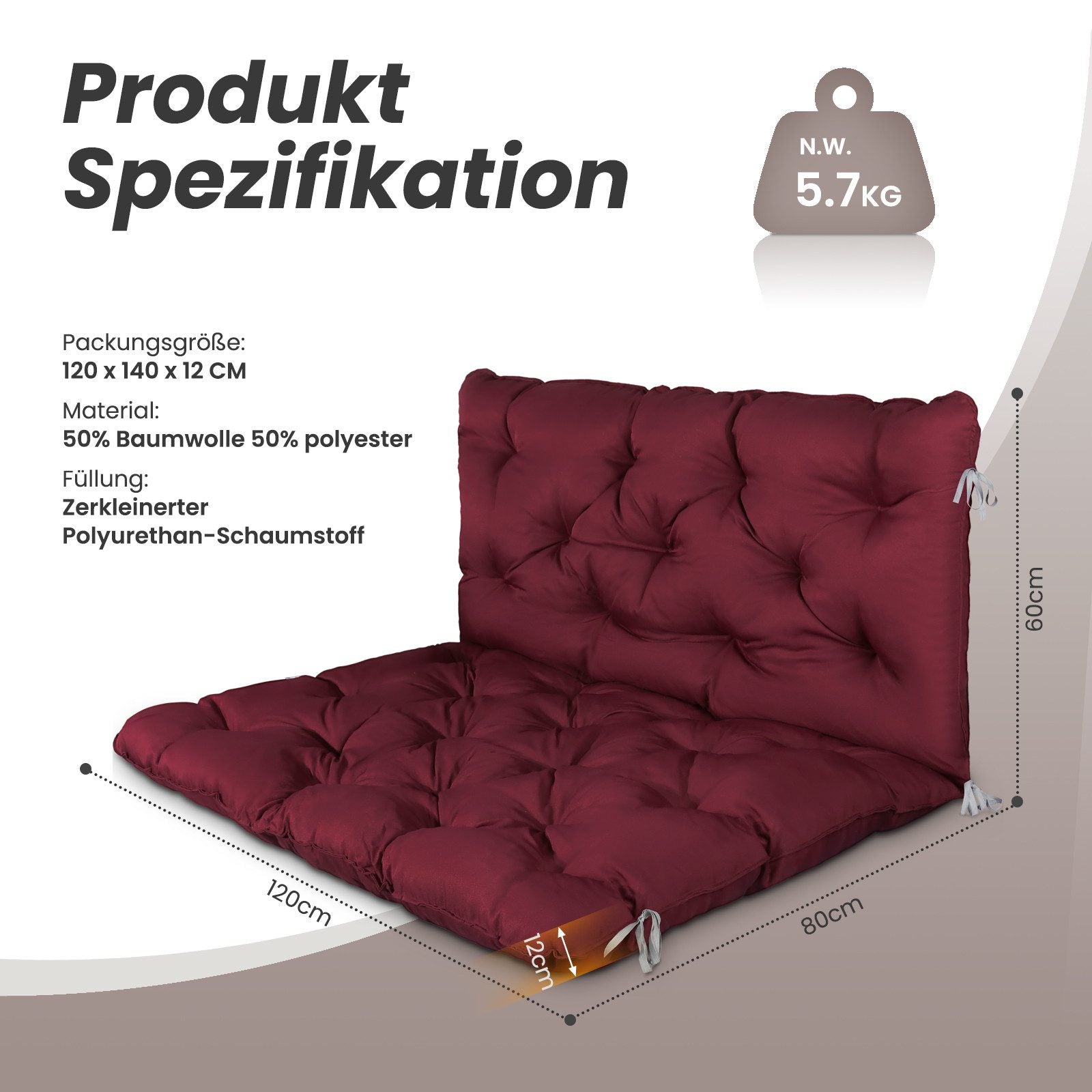 Dekokissen Palettenkissen Sitzauflage Sitzkissen mit Rückenlehne ca. 120 x 140 x 12cm, Rot