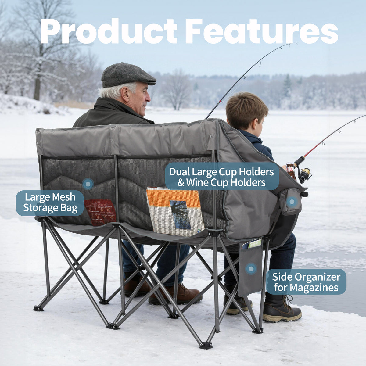 HOMECALL Campingstuhl 2 Personen faltbar – Doppel Campingsofa bis 360 kg, stabile Camping Couch mit Rückenlehne, Grün