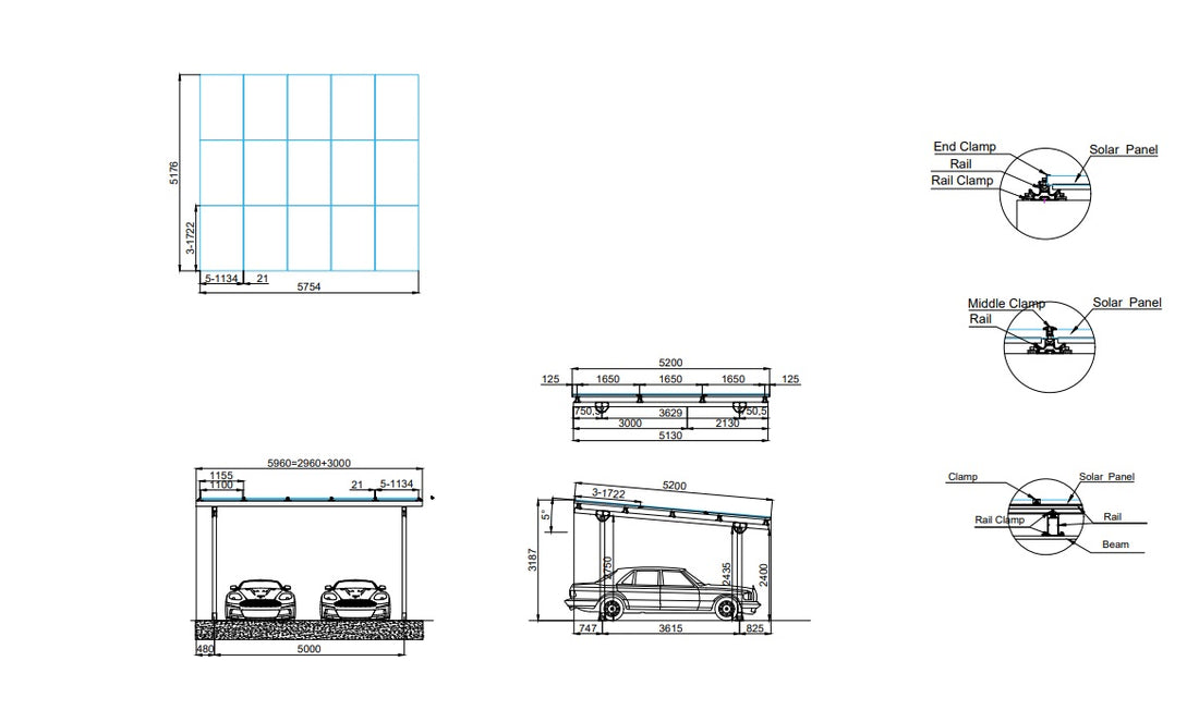 Carport Doppelcarport Gestell für 2 Autos - Überdachung für Autos - Aluminium, Schwarz