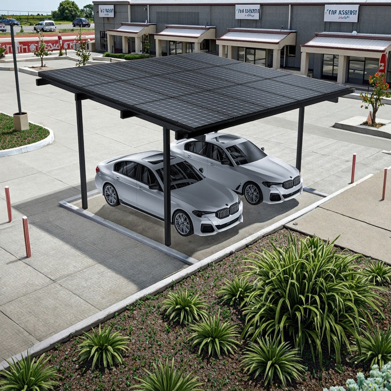 Doppelcarport Carport Gestell für 2 Autos Aluminium inkl. 15 Solarmodule, Schwarz