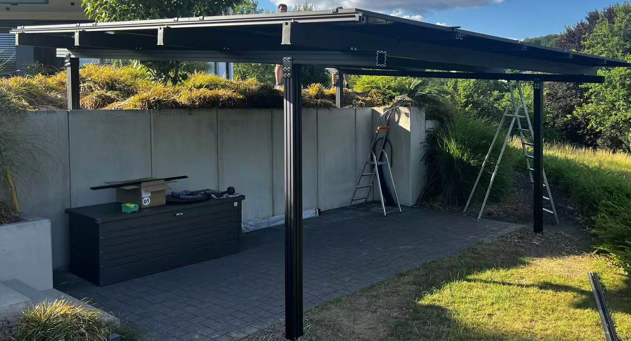 Doppelcarport Carport Gestell für 2 Autos Aluminium inkl. 15 Solarmodule, Schwarz