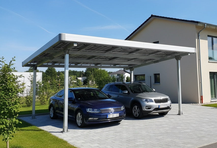 Doppelcarport Carport Gestell für 2 Autos mit Dachverkleidung & Regenrinne, Silber