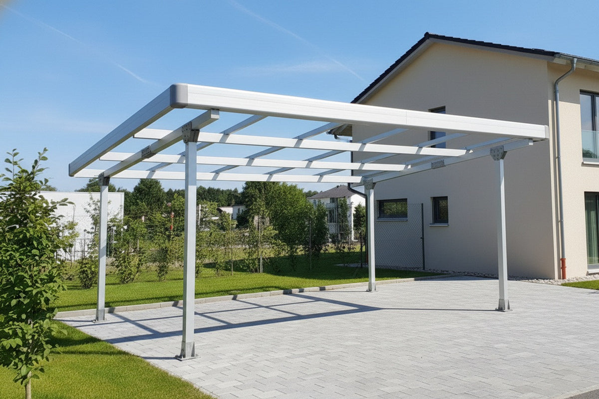 Doppelcarport Carport Gestell für 2 Autos mit Dachverkleidung & Regenrinne, Silber