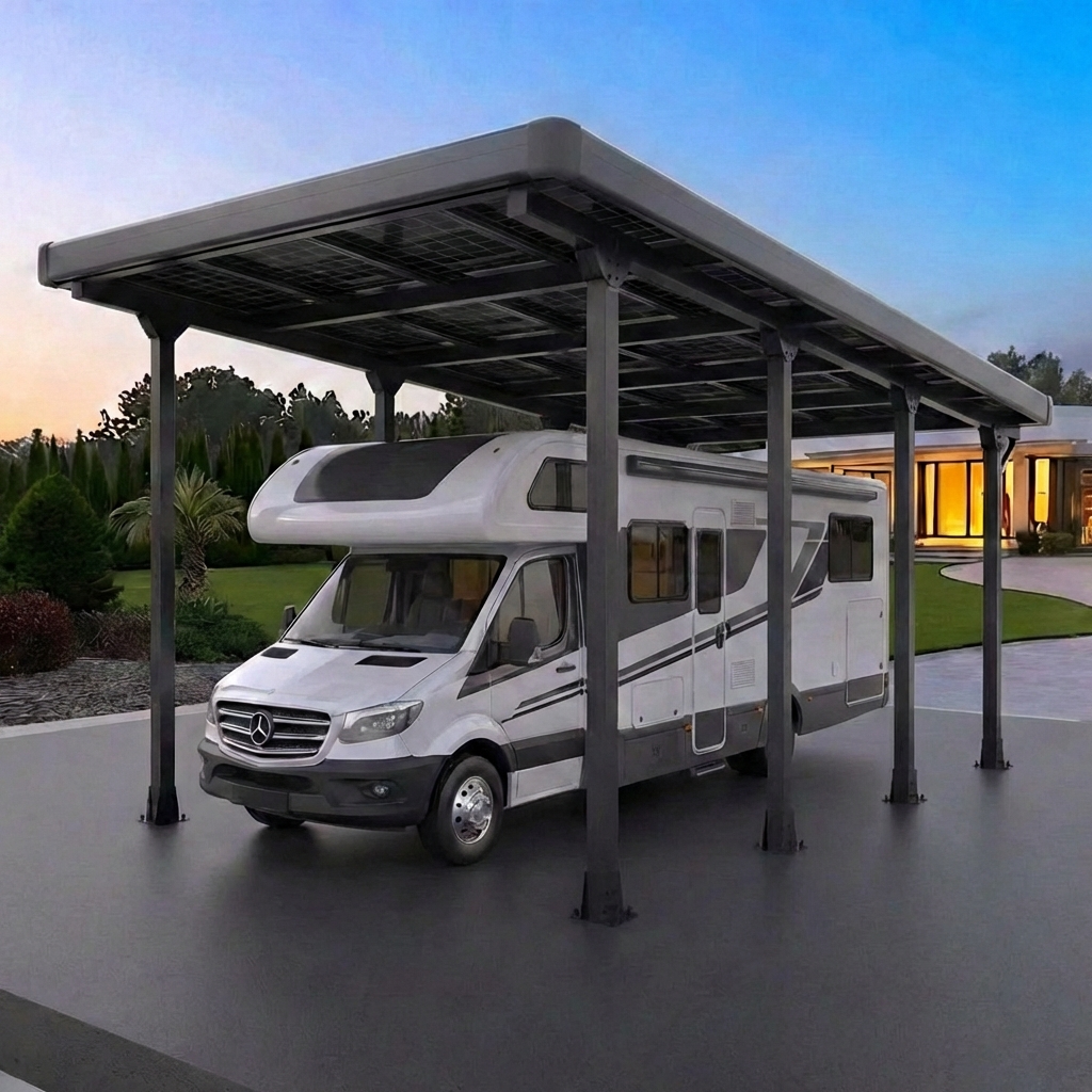 Aluminium Solar-Carport für Wohnmobil Schwarz – inkl. 15 PV-Module, Dachverkleidung & Regenrinne