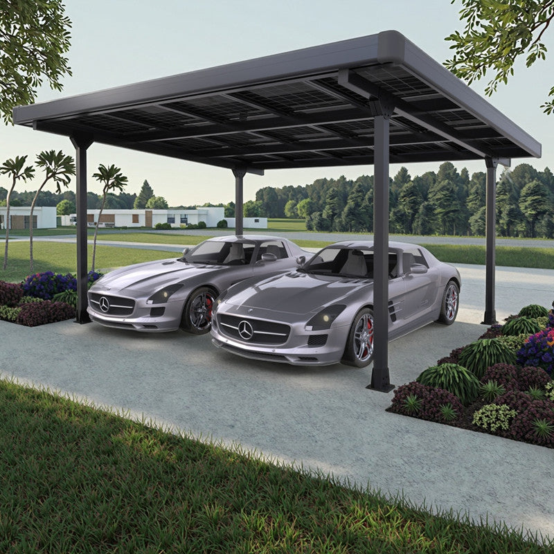 Aluminium Doppelcarport für 2 Autos Schwarz – Solar-Carport Gestell mit Dachverkleidung & Regenrinne